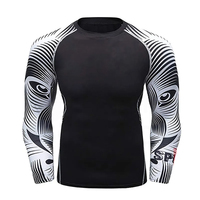T-shirt de compression à manches longues pour homme, noir avec motif gris et blanc, impression par sublimation, séchage rapide, polyester, haut de sport