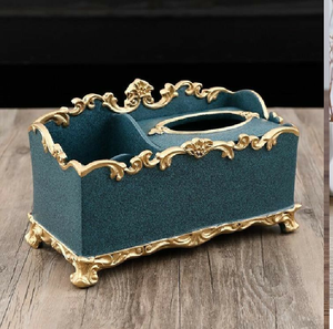 Boîte à mouchoirs en métal texturé bleu sarcelle de qualité supérieure avec finition dorée et organisateur, pour une décoration intérieure coordonnée, disponible à prix de gros - Product Image 1