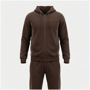 Ensemble de survêtement marron à capuche pour homme, manches longues, fermeture éclair sur le devant, couleur unie, respirant, coupe décontractée, idéal pour l'automne - Product Image 1