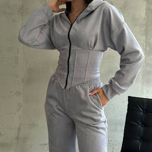 ชุดวอร์มผู้หญิงแบบสองชิ้น เสื้อฮู้ดบุขนและกางเกงขายาวทรงกว้าง ชุดลำลองสำหรับฤดูใบไม้ร่วงและฤดูหนาว ชุดวิ่งออกกำลังกายที่ให้ความอบอุ่น - Product Image 6