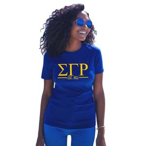 เสื้อยืดแขนสั้นพิมพ์ลายตัวอักษรกรีกสีน้ำเงิน Blue Sigma Gamma Rho สำหรับผู้หญิง คอกลม ลายกราฟิก เสื้อผ้าสำหรับนักศึกษา สามารถปรับแต่งได้ - Product Image 1