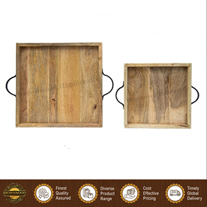 Ensemble de 2 plateaux de service en bois de manguier avec poignées en métal, plateaux en bois sculptés, plateaux décoratifs en bois pour la maison et les restaurants, plateaux de service pour aliments - Product Image 5