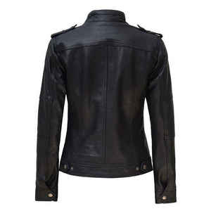 Chaqueta de cuero PU negra para mujer al por mayor, con cremallera, estilo motociclista, cuello alto, ajuste ceñido, chaqueta utilitaria de moda OEM - Product Image 2