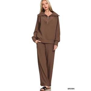 เซนาณาชุดเสื้อและกางเกงผู้หญิงแบบซิปครึ่งตัวคอสูงลายริบ สีน้ำตาล ไซส์ S - Product Image 3