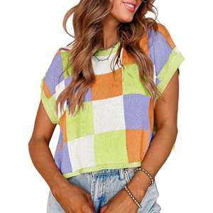 SAJZA INTERNATIONAL Women's Casual Breathable Plaid Jacquard Sleeveless Short Crop Vest Summer Thin Color <b>Block</b> Knit - Product Image 1