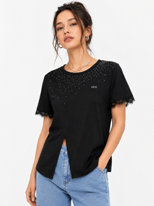 Custom OEM Rhinestone Bling Split Hem <b>Tops</b> Y2K Lace Sleeve Women's Shirts Cotton Blend Tees Wholesale USA Apparel Bulk Supply - Product Image 1