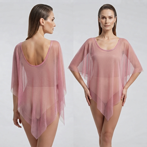 Women's Pink Asymmetric Swim <b>Cover</b> Up Scoop <b>Neck</b> 100% Polyester Sheer Mesh Beachwear Dress Breathable Sexy <b>Cover</b> Up - Product Image 4