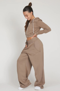 <b>Women's</b> Solid Brown High Waist Wide Leg Sweatpants <b>Loose</b> Fleece Casual <b>Trousers</b> With Pockets - Product Image 3