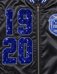 Chaqueta de béisbol con lentejuelas Zeta Phi Beta para mujer, negra, con mangas de satén azul real y lentejuelas, con cremallera y escudo de 1920, estilo bomber, abrigo de hermandad. - Product Image 5