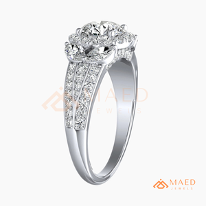 Round Cut Moissanite Halo Engagement <b>Ring</b> 925 Silver Three Stone <b>Split</b> Shank Pave Band Wedding <b>Ring</b> Diamond Look Jewelry - Product Image 6