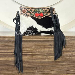 Women Bohemian Fringe Handbag Crossbody Sling <b>Bags</b> for Ladies Handmade Tooled Cowhide Leather Cherry Motif Boutique Purse <b>Bags</b> - Product Image 1