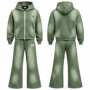 Ensemble de survêtement en coton épais vintage délavé au soleil, comprenant un sweat à capuche zippé oversize et un pantalon de jogging à jambe large - Product Image 1
