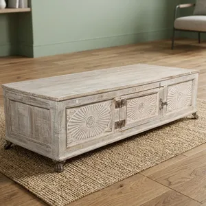 Mesa de Centro Vintage de Madera con Diseño Floral Tallado a Mano, Mueble Rústico de Estilo Campestre con Una Puerta para Sala de Estar, Dormitorio o Comedor - Product Image 6