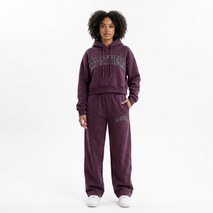 Conjunto Deportivo Casual de Dos Piezas para Mujer, Sudadera Corta Morada Lavada y Pantalones Deportivos Anchos - Product Image 1
