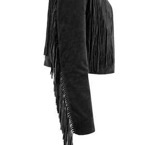 Premium Black Women Fringe <b>Suede</b> <b>Leather</b> <b>Jacket</b> Collarless Open Front Crop Length <b>Jacket</b> Sample And Customization Available - Product Image 6