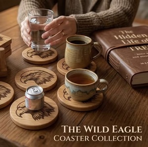 Juego de Posavasos Cuadrados de Madera con Diseño de Águila, Acabado Natural Hecho a Mano, Rústico, 10 cm de Diámetro - Product Image 5