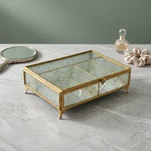ARTISAN DESIGN Luxury Embossed Glass <b>Jewelry</b> Box Gold Metal Frame <b>Mirror</b> Decorative <b>Storage</b> Keepsake Box Vanity Organizer - Product Image 2
