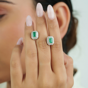 Handmade Collection of 100% Natural Zambian <b>Emerald</b> & Diamond Double Cluster <b>Stud</b> <b>Earrings</b> Latest 14K White Gold Bulk Jewelry - Product Image 4