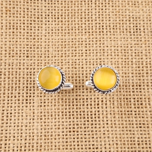 Designer Handcrafted Handmade Yellow Cat's Eye Gemstone <b>Cuff</b> Links Set In 925 Sterling Silver Plated Jewellery For Unisex Usage - Product Image 1