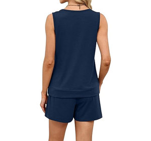 Women's Navy Blue Sleeveless Knitted 2-Piece Shorts Set O-Neck Loose Fit Casual Solid Color Spring Summer Wear - Product Image 3
