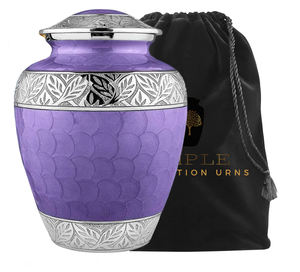 Urne funéraire en métal finition perle violette pour cendres humaines adultes |   Bandes décoratives en argent gravées |   220 pouces cubes écologiques - Product Image 2