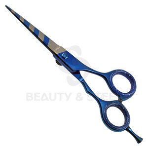 กรรไกรตัดผมสีน้ำเงินเข้มระดับมืออาชีพ พร้อมดีไซน์ใบมีดลายทางและแกนหมุนประดับอัญมณีเพื่อการจัดแต่งทรงผมอย่างแม่นยำ - Product Image 3