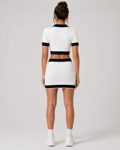 Women Knitted 2 Piece Set White Green <b>Preppy</b> Style Crop <b>Top</b> With Skirt Short Sleeve Turn-down Collar Spring Summer Wear - Product Image 4