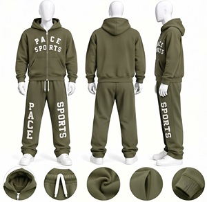 Ensemble survêtement homme en molleton de coton épais vert olive, sweat à capuche et pantalon de jogging, avec logo personnalisé, fermeture éclair intégrale, vente en gros - Product Image 1