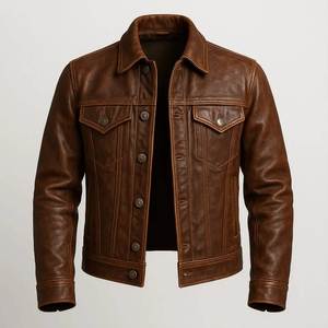 Chaqueta de Moto para Hombre, de Cuero PU Ecológico, de Secado Rápido y Transpirable, con Cuello Camisero, Cierre de Cremallera, Color Marrón, Corte Regular, Bordado - Product Image 4