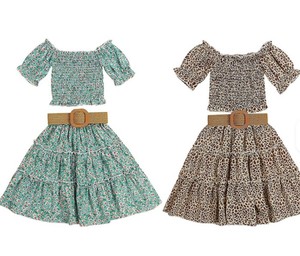 Girls Vintage Skirt Set Kids Solid Ruffle Shoulder Crop Tops Bowknot Autumn ODM <b>Clothes</b> Outfits Daily Wear - Product Image 4