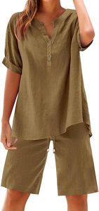 Conjunto de Pantalones Cortos y Camiseta Larga de Algodón Tejido de 1 Pieza para Mujer, Ropa de Casa Informal, Cómoda, Suave y Transpirable para Verano - Product Image 3