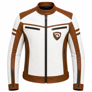 <b>Men's</b> <b>White</b> Brown PU Leather Motorcycle <b>Jacket</b> Stand Collar Zipper Front Moto Biker Style Regular Fit - Product Image 1