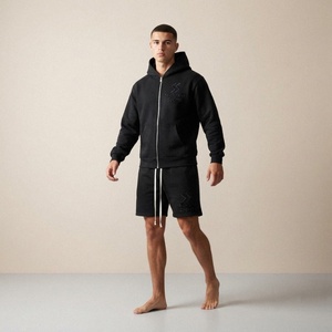 Custom Black Men Tracksuit Zip Up Hoodie and Wide Leg <b>Shorts</b> Streetwear Jogger Set Casual Sportswear - Product Image 1