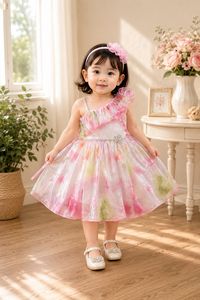 Vestido de gasa con un solo hombro para niñas pequeñas, estampado floral, con volantes, línea A, vestido de fiesta de verano, de 9 a 18 meses - Product Image 4