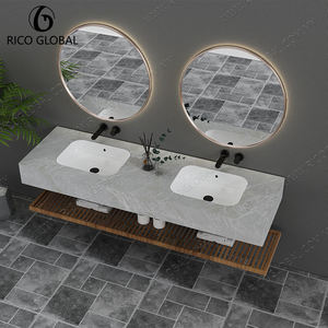 Meuble-lavabo mural rectangulaire en marbre poli avec double vasque et étagère de rangement en bois pour salle de bain, style minimaliste - Product Image 6