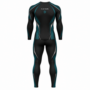<b>Black</b> Teal Full Length Yoga Set Crew Neck <b>Long</b> <b>Sleeve</b> High Waist Spandex Breathable Quick Dry Geometric Pattern Heat-Transfer - Product Image 2