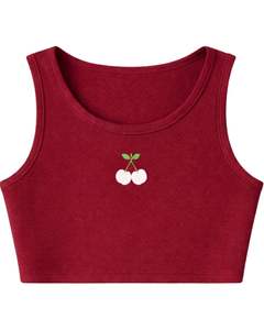 Conjunto de dos piezas para mujer: top corto acanalado y shorts con cordón, color rojo intenso con bordado de cereza, estilo casual y personalizable. - Product Image 2