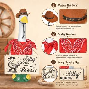 Décoration de jardin saisonnière : Statue de cowboy avec bandana rouge et oie pimbêche suspendue - Product Image 5
