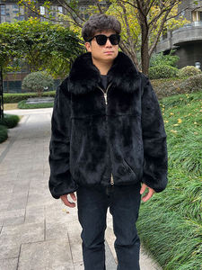 Veste en fourrure noire pour homme, fermeture éclair épaisse, col rabattable, coupe classique, style parka - Product Image 2