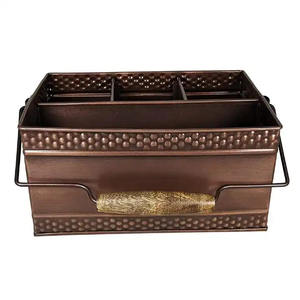 Organizador de utensilios de cocina de metal plateado galvanizado con bordes en tono cobre y asa de madera, organizador de mesa de comedor estilo rústico en venta - Product Image 6