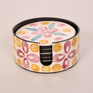 Hand-Painted Floral MOP Inlay Round <b>Coaster</b> <b>Set</b> with 10 CM Diameter and Matching Metal Holder From REHMAN CRAFT - Product Image 4