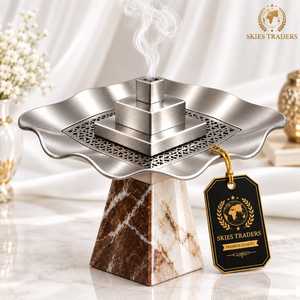 Brûleur à Bakhoor en acier inoxydable avec base en marbre brun, porte-encens pour Oud du Moyen-Orient et d'Arabie - Product Image 1
