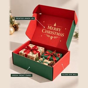 Custom Christmas Mailer <b>Box</b> Red Green Corrugated <b>Gift</b> Packaging <b>with</b> Printed Inside <b>Lid</b> - Product Image 6