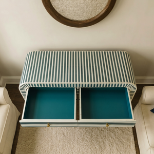 A <b>black</b> and white striped bone inlay <b>console</b> <b>table</b> with brass feet accents, available at wholesale prices Bone Inlay Furniture - Product Image 5