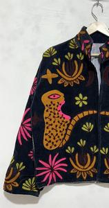 Vintage <b>Black</b> Velvet Floral Embroidered Suzani Jacket With Tiger Pattern Full Sleeve Stand Collar Bohemian <b>Women</b> Autumn <b>Coat</b> - Product Image 5