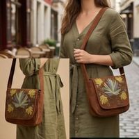 Tas Selempang Bordir Kashmiri – Desain Bunga Teratai Biru & Krisan Kuning dari Suede Cokelat