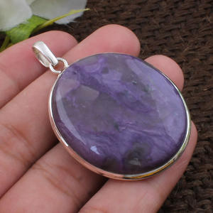 Collar Artesanal de Plata de Ley 925 con Charoita, Gema Natural Púrpura, Corte Ovalado, Borde Punteado, Joyería Vintage - Product Image 2