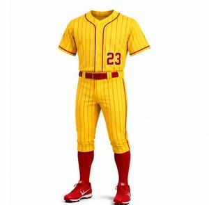 Yellow Pinstripe Baseball Uniform Unisex Adult Jersey Pants Set Number 23 <b>Red</b> <b>Belt</b> Socks Breathable 100% Polyester Sublimation - Product Image 1