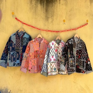 Chaqueta Reversible de Algodón con Parches, Cuello Mao, Manga Larga, Estilo Prairie Chic de Primavera para Mujer, con Bolsillo Bordado - Product Image 1