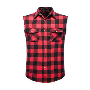 Mens Classic Black and Red Button-Down Flannel Cut <b>Off</b> Frayed Sleeveless Casual Shirt Muscle Performance Sleeveless Shirts - Product Image 3